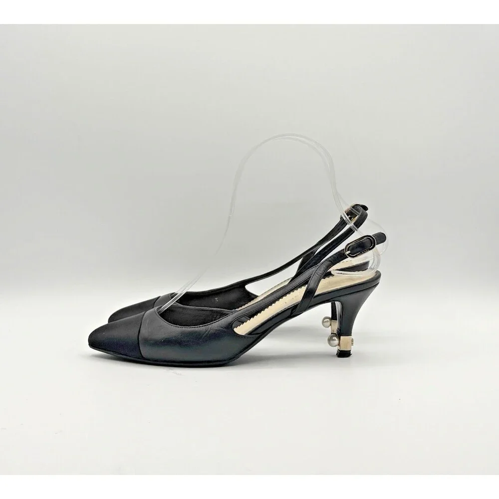 Chanel Black Slingback Heels w/ Pearl Accent Cap Toe Pointed Toe Size EU 36